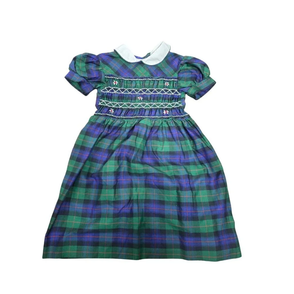 Vintage Girls Blue Green Plaid Dress